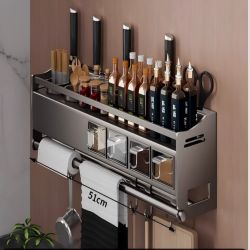 High-End Kitchen Spice Rack, Wall-Mounted Storage, Gray Carbon Steel.