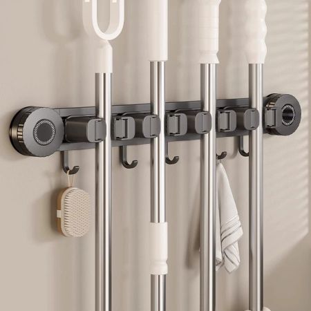 Wall Mounted Broom & Mop Rack, Adjustable, Space-Saving, Aluminum/ABS